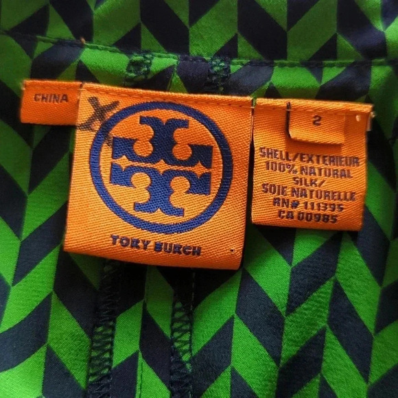 Tory Burch Navy and Green Chevron Silk Blouse - Picture 5 of 6